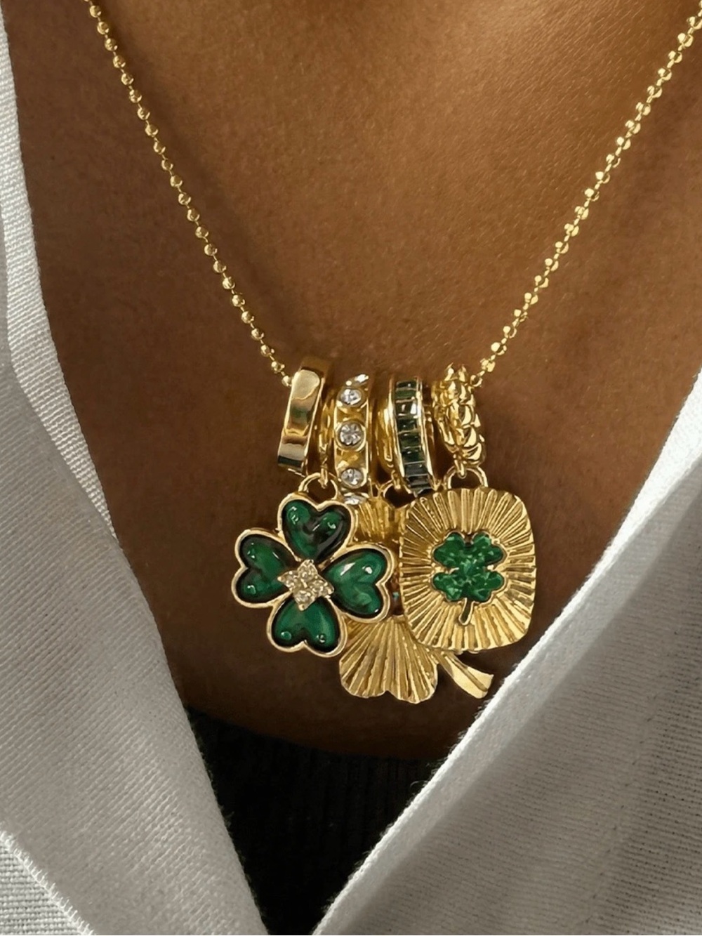 Gold-Tone Green Clover Multi-Charm Necklace